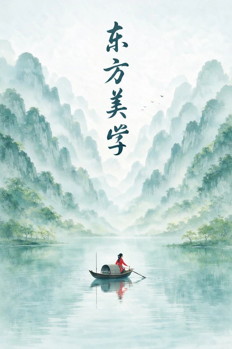 A figure in a red outfit rows a boat through a tranquil landscape of misty mountains and reflective water, embodying Eastern minimalist aesthetics
