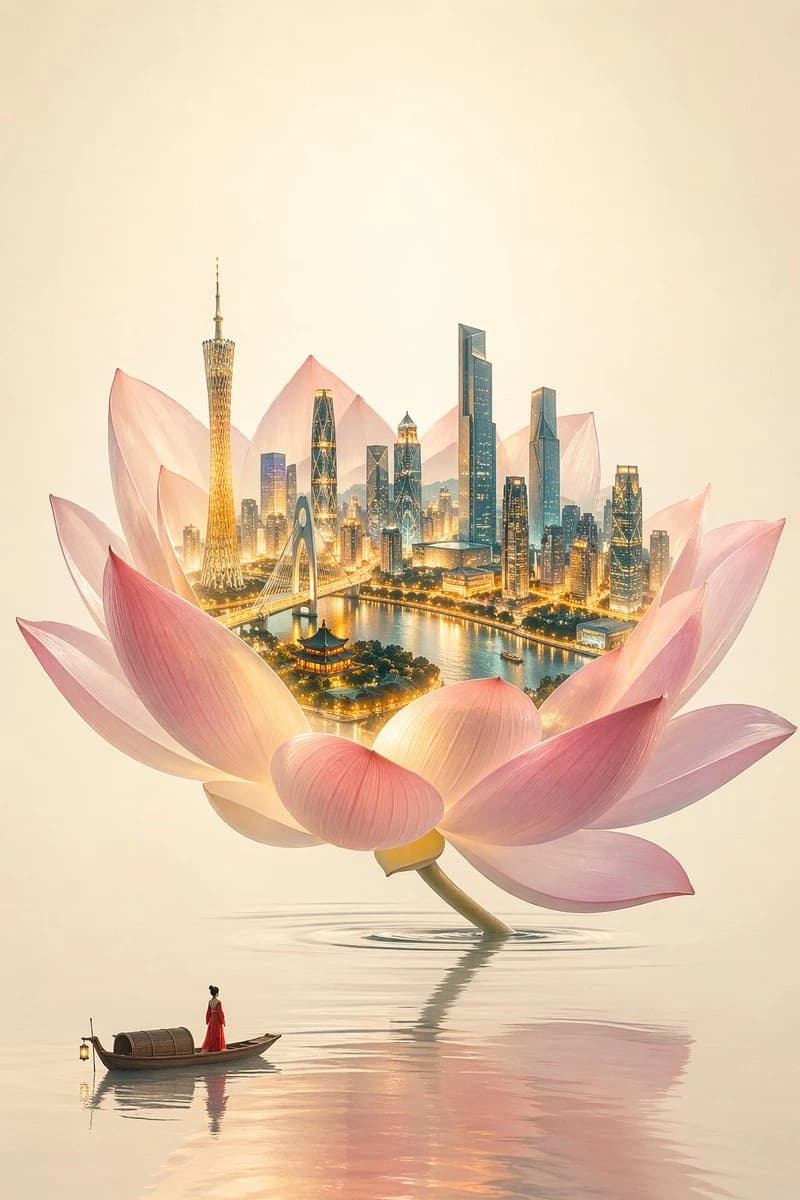 A large, translucent lotus flower rises from a calm water surface, showcasing a glowing 3D cityscape of Guangzhou within its petals