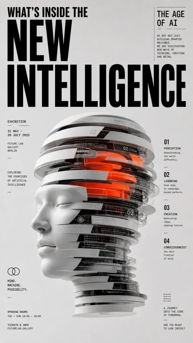 Neo-editorial AI intelligence poster with sculptural sliced central object, bold black typography and minimal gray exhibition layout