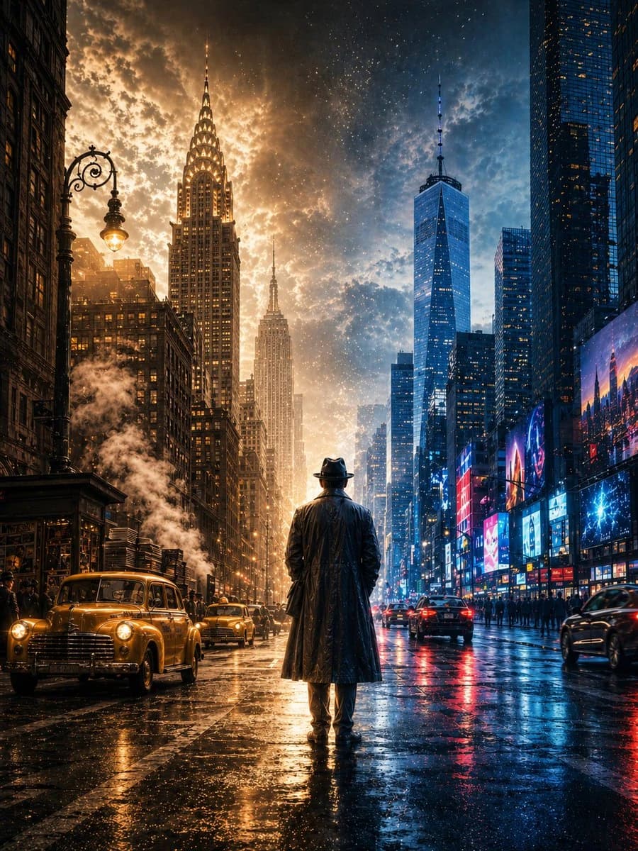 A lone figure stands in the street, gazing forward as 20th-century sepia tones transition to the vibrant modern skyline of 21st-century New York