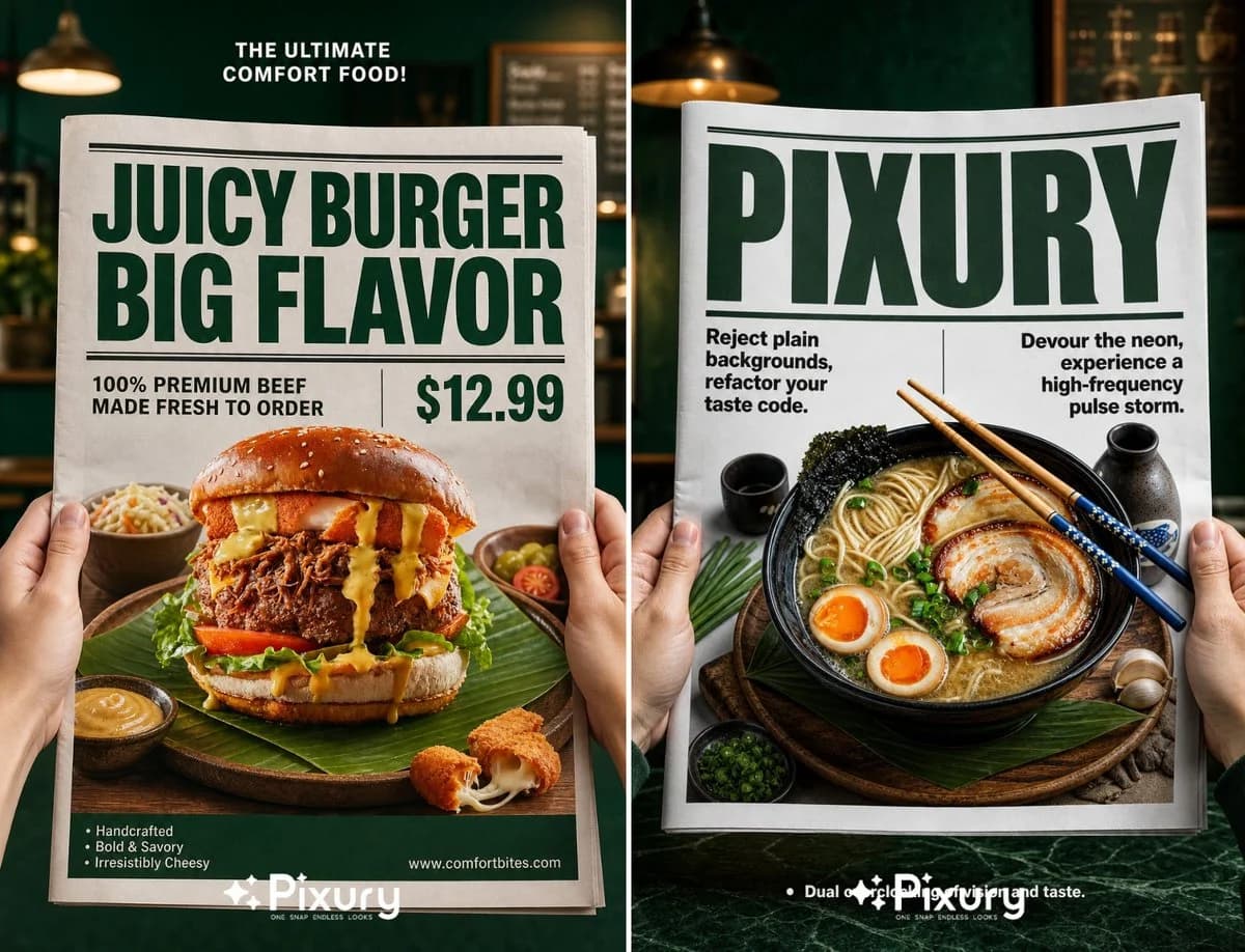 Newspaper Layout Food Poster Template ecommerce visual with clean product presentation, shop-ready composition and detailed styling