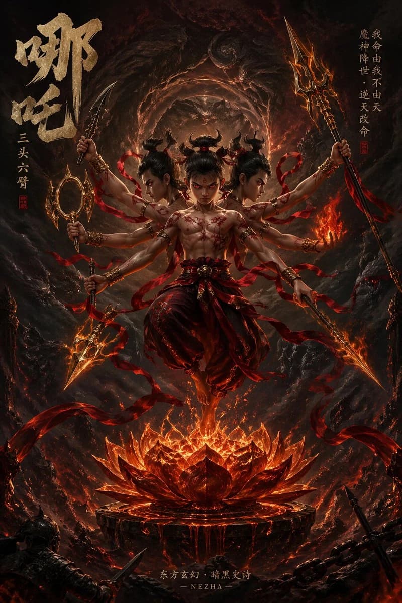 Nezha, depicted with three heads and six arms, hovers over a fiery lotus base in a dark fantasy setting