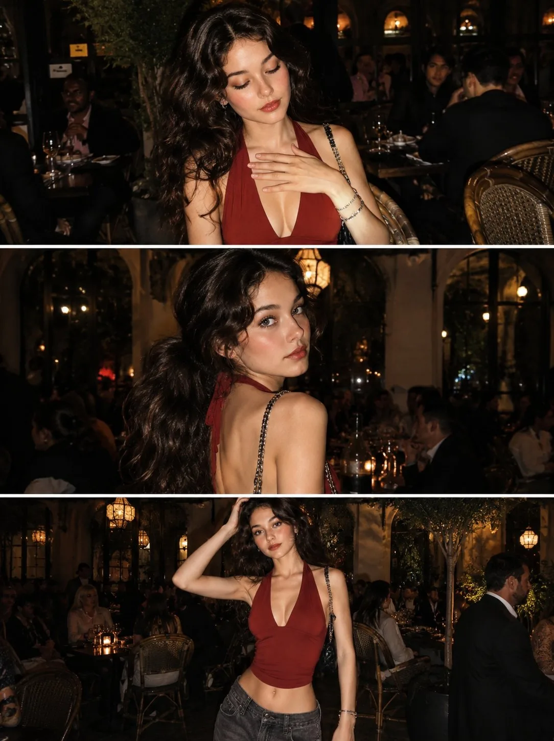 Nightlife restaurant flash collage showing a woman in a red top across three candid lounge photos
