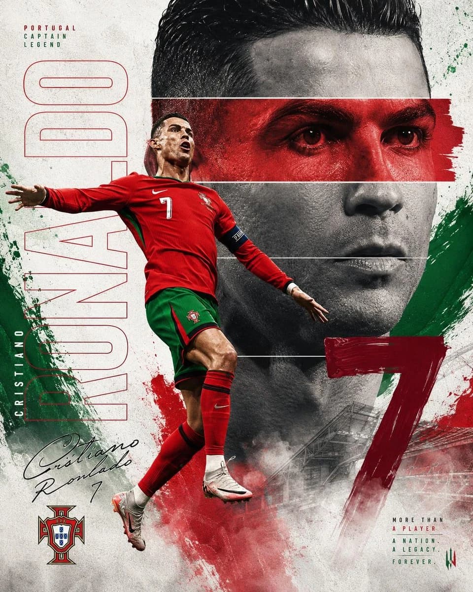 Nike FIFA World Cup football poster with a red-kit player, grayscale portrait layer and bold number seven