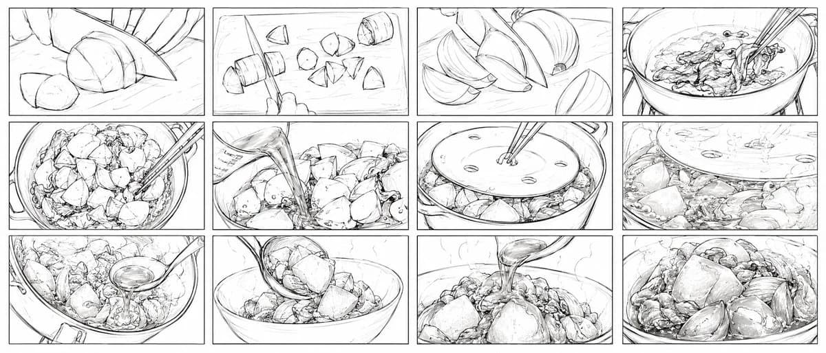 Wide 12-panel monochrome anime storyboard sheet showing a Japanese nikujaga cooking sequence