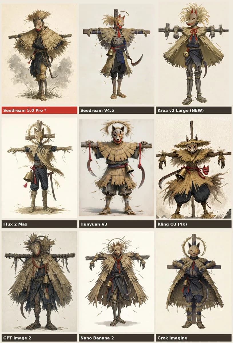 Nine-panel comparison of scarecrow yokai characters in different AI model styles