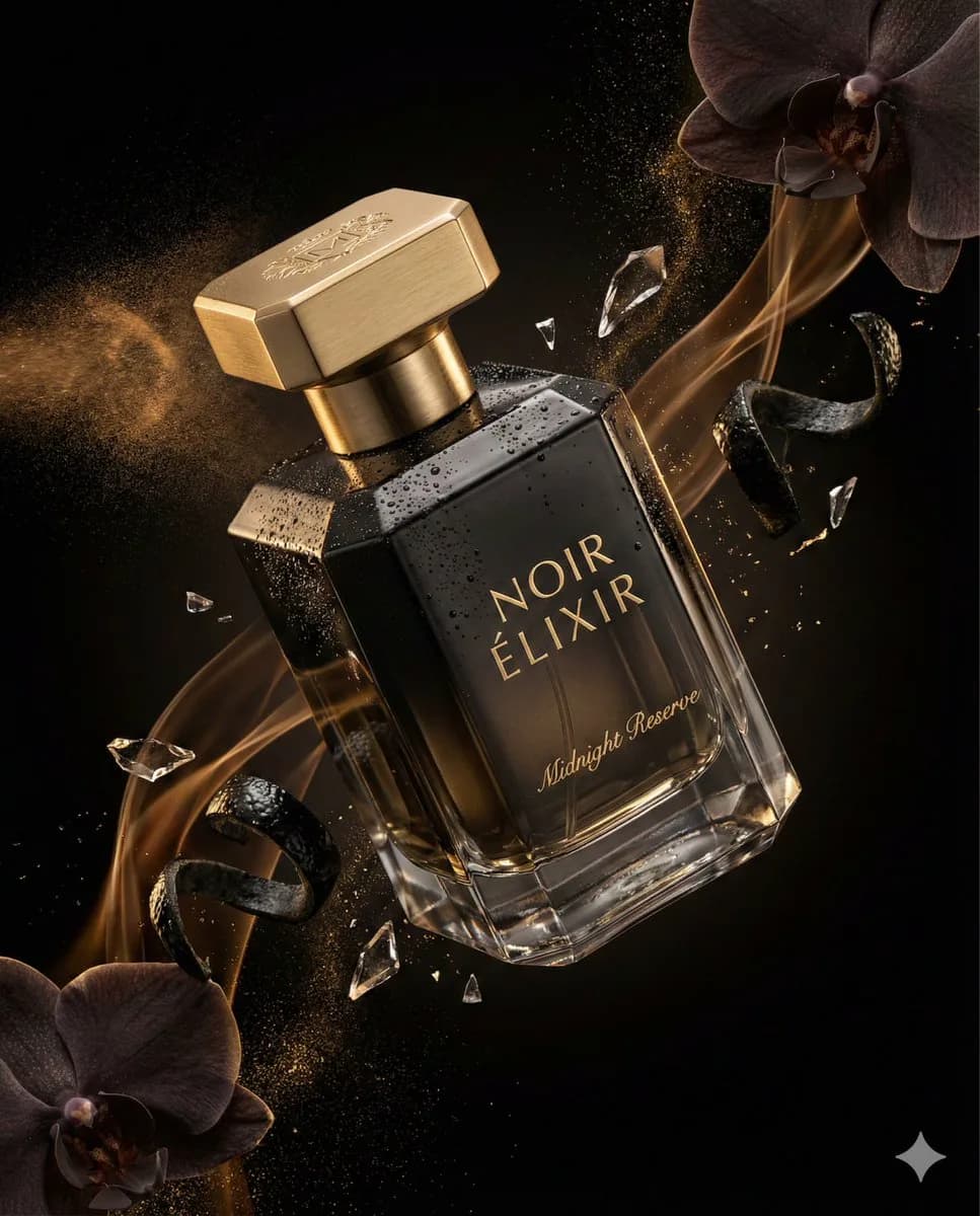 Luxury NOIR ELIXIR perfume bottle ad with black crystal glass, gold cap, mist, petals, and amber highlights