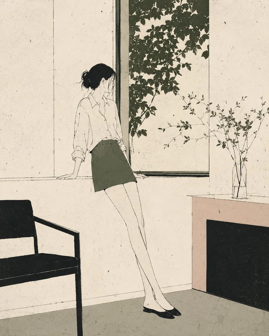 Minimal Nordic editorial illustration of a woman standing near a window with plants in a quiet cream and olive room