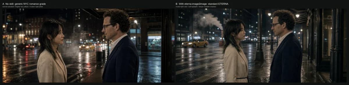 Wide side-by-side New York romance film-grade comparison with rainy night scenes and muted color treatment