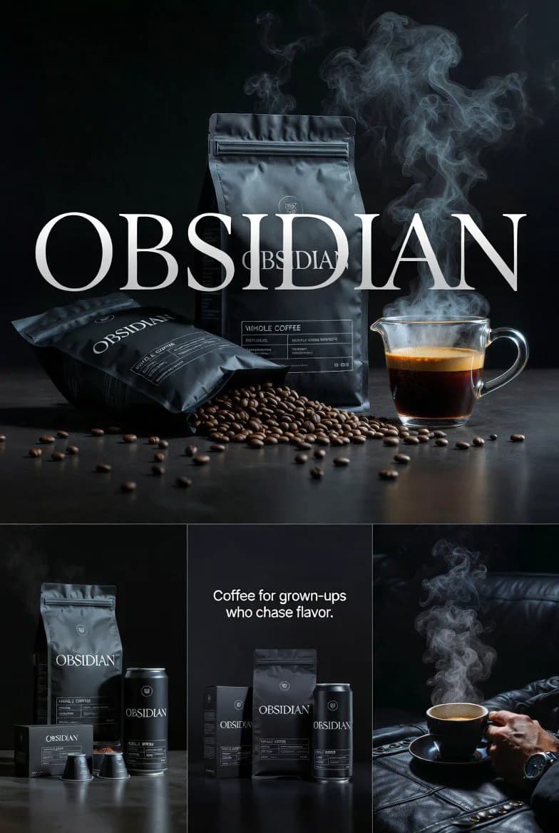 Luxury OBSIDIAN coffee brand campaign grid with dark editorial coffee packaging, beans and steaming cup visuals