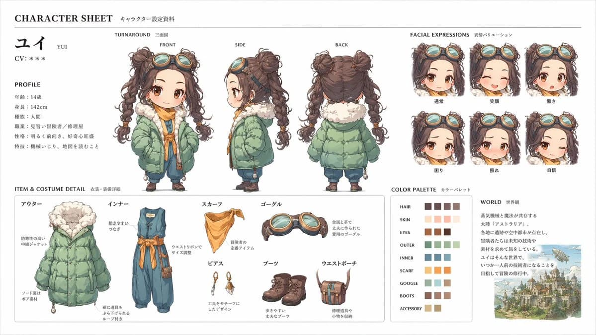 A character design sheet features a young girl in a green coat with goggles, showcasing front, side, and back views along with facial expressions and costume details