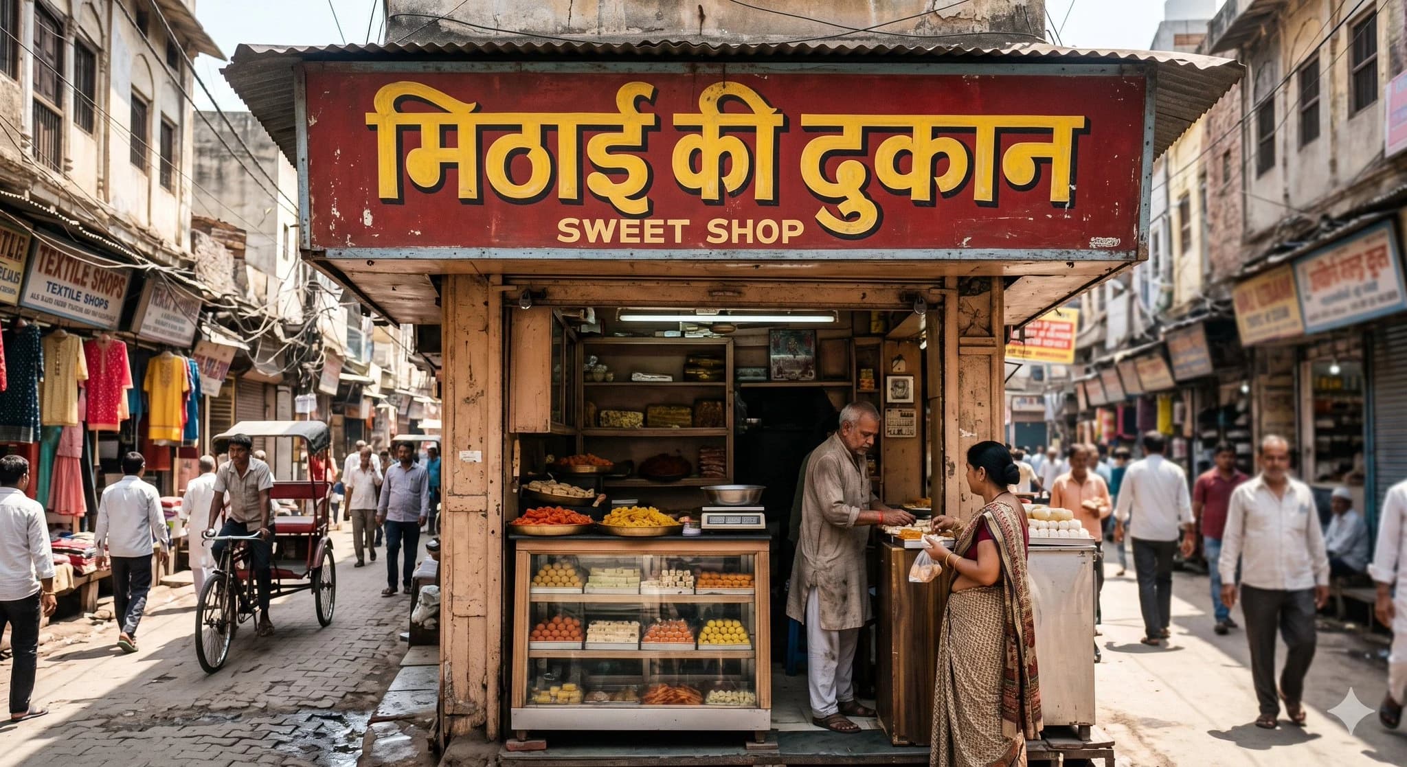 A small sweet shop in Old Delhi features a vibrant red sign with yellow Devanagari script and a display of colorful sweets
