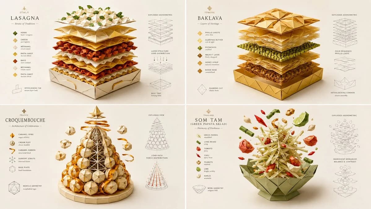 Origami-style food poster with folded paper ingredients arranged in a clean editorial composition
