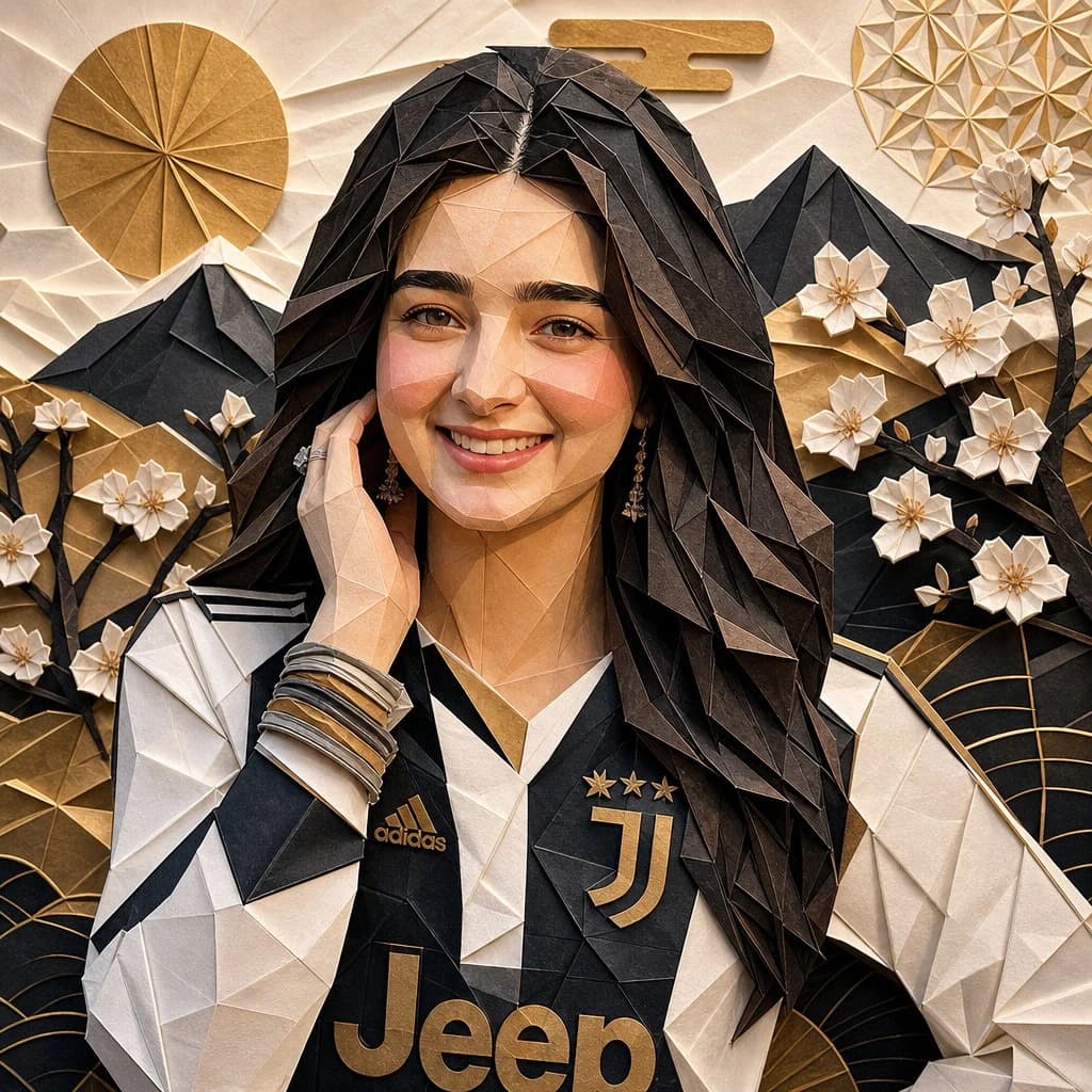 A detailed origami portrait features a woman in a football jersey, surrounded by cherry blossoms and mountains, showcasing intricate paper textures