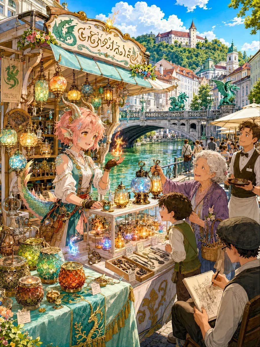 Otherworldly dragon girl in a fire-lit shop with fantasy details, glowing atmosphere, and anime poster styling