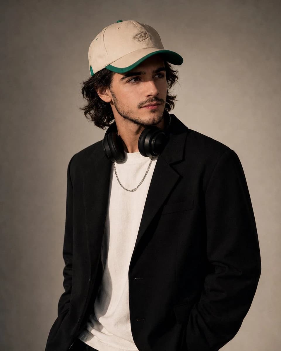 A young man with curly hair wears a beige cap and black jacket, exuding an introspective vibe against a neutral background