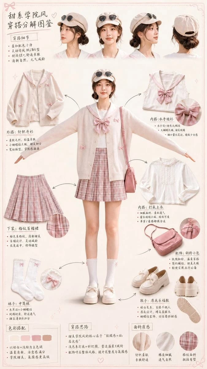 A full-body character in a relaxed T-pose is surrounded by detailed outfit breakdown elements on a soft pastel background, featuring fashion notes and textures