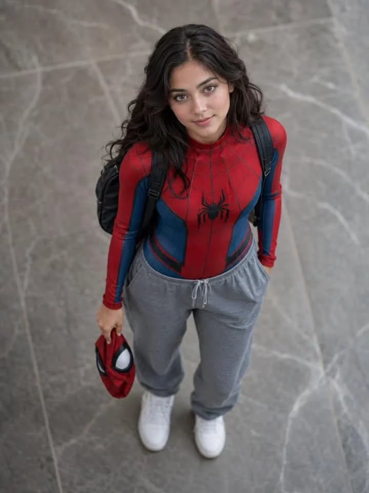 Overhead portrait of a Spider-Man suit look with fashion styling, dramatic pose, and clean product-ad framing