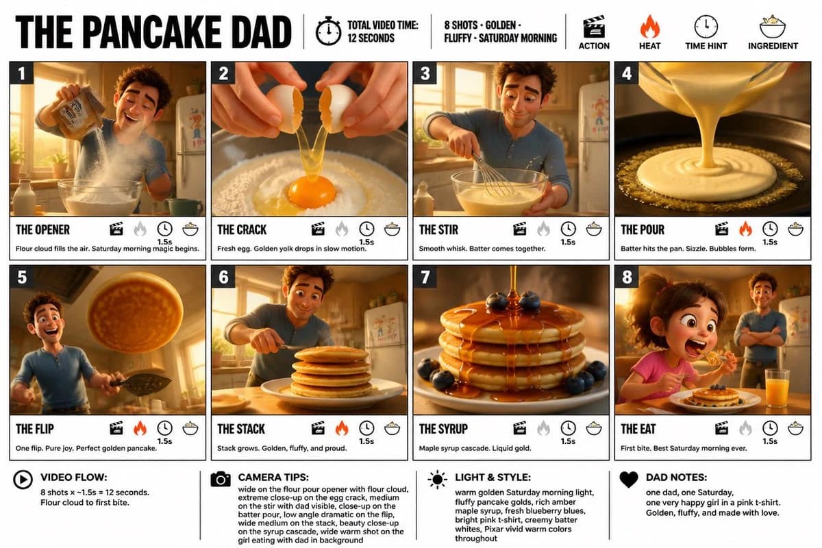 A storyboard infographic for "The Pancake Dad" features eight vibrant panels depicting a dad making pancakes in a warm, sunlit kitchen