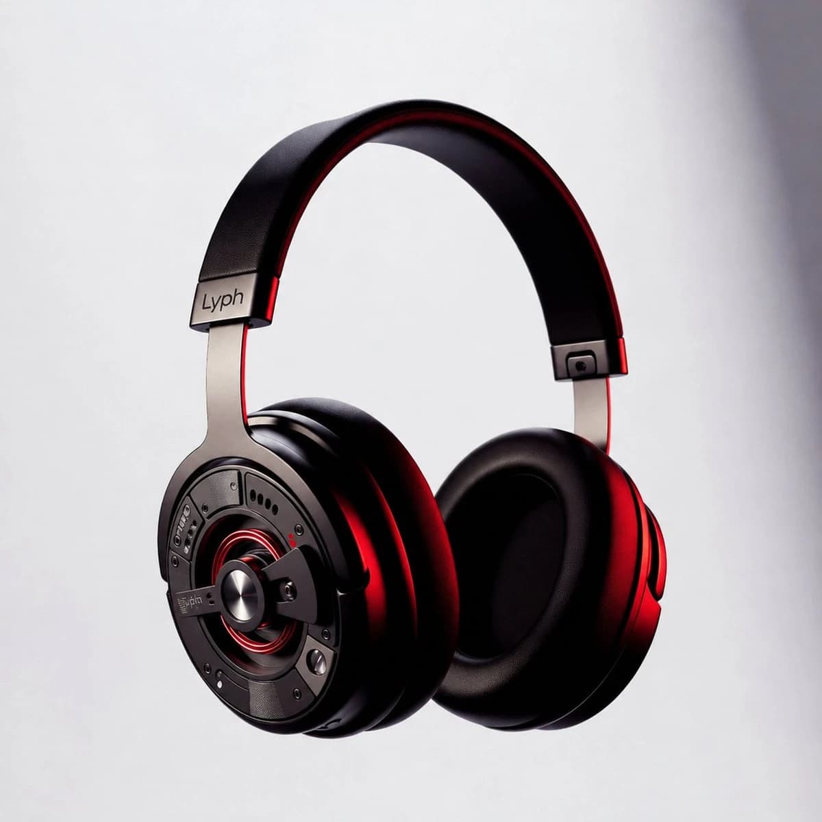 A pair of black and red headphones with a sleek design on a light background.