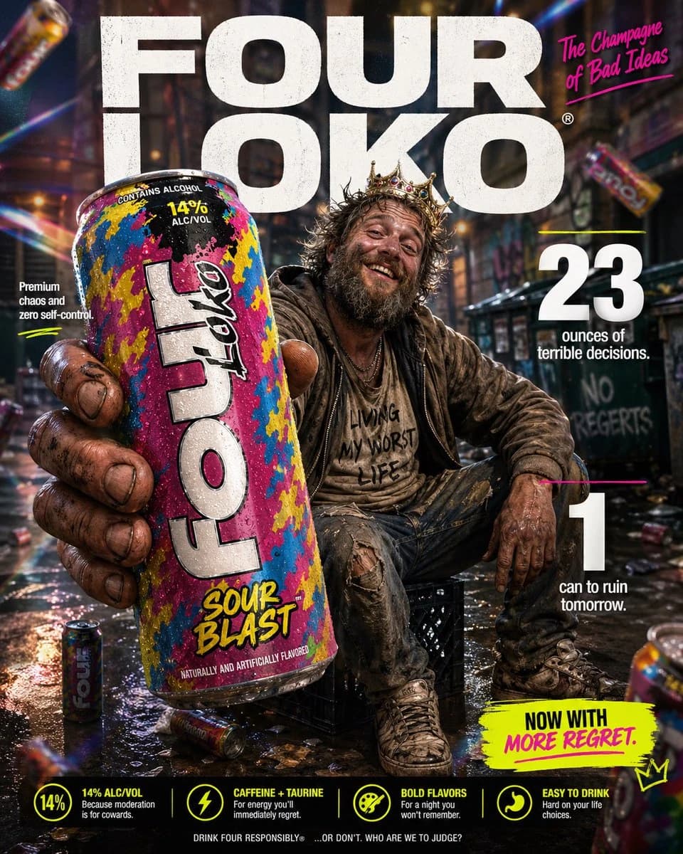 A weathered hand holds a brightly colored can of Four Loko, with a disheveled man grinning confidently on a milk crate in a gritty urban alley