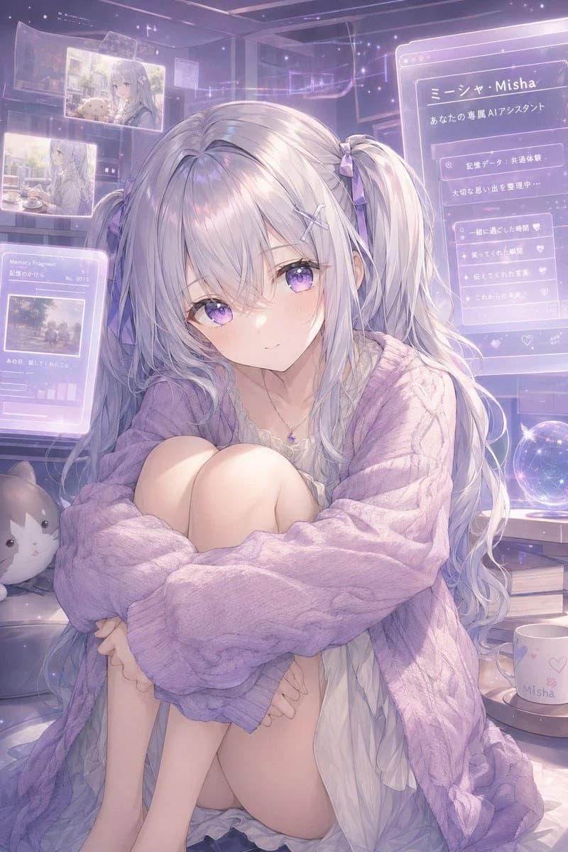 A gentle virtual assistant girl with long silvery hair sits curled up in a cozy futuristic bedroom, surrounded by holographic memory screens