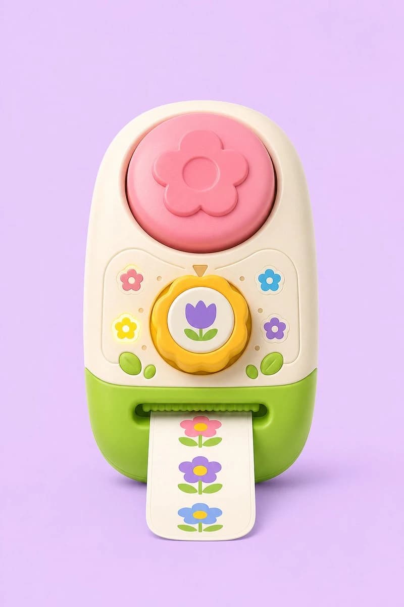 Pastel toy sticker-stamp printer with flower buttons and a strip of printed flower stickers