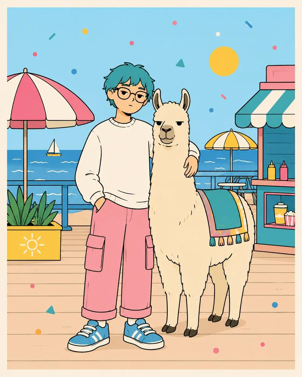Pastel kawaii illustration of a blue-haired character standing with a llama on a sunny seaside boardwalk