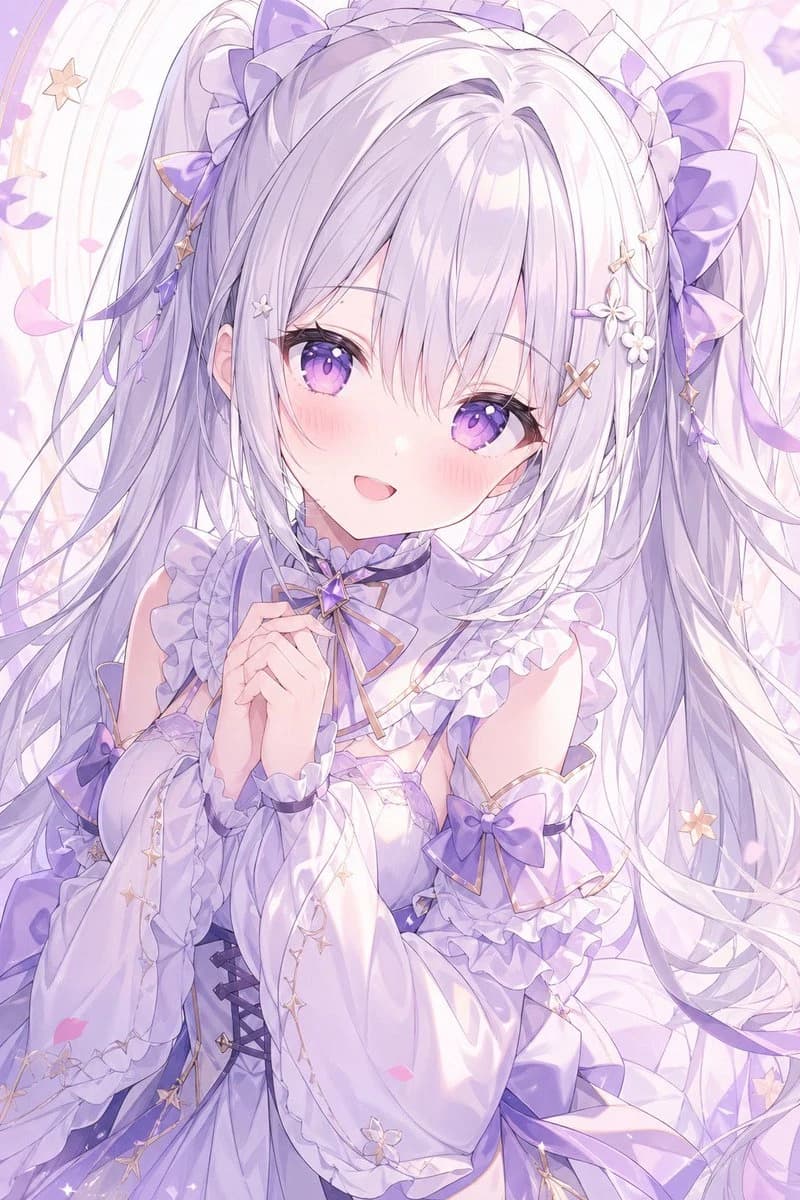A dreamy anime girl with long silver-lilac twin tails smiles gently, adorned in a pastel lavender fantasy-lolita dress against a soft, decorative background