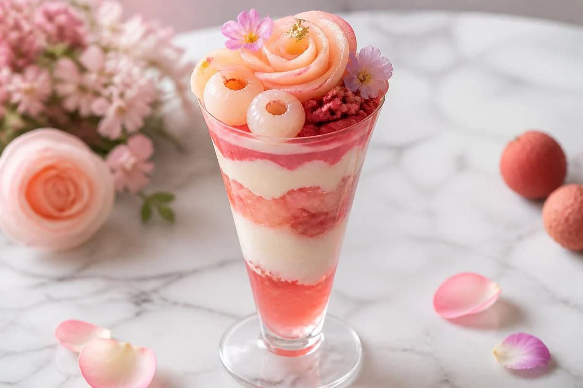 Pastel dessert parfait layered with peach, lychee, rose cream, and delicate garnishes