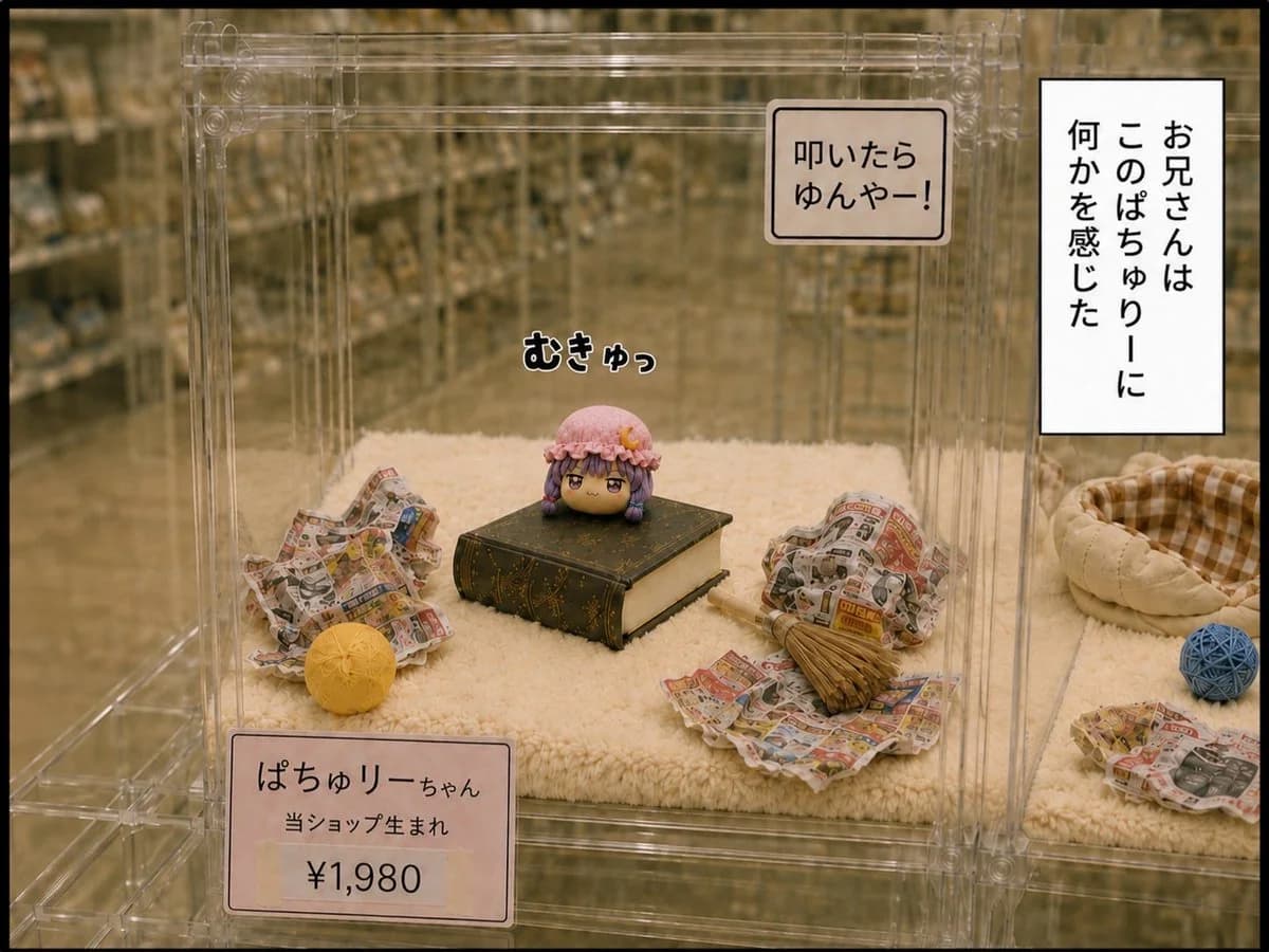 A photorealistic pet shop enclosure scene featuring a tiny Patchouli yukkuri character displayed on a book with Japanese signage and price tags