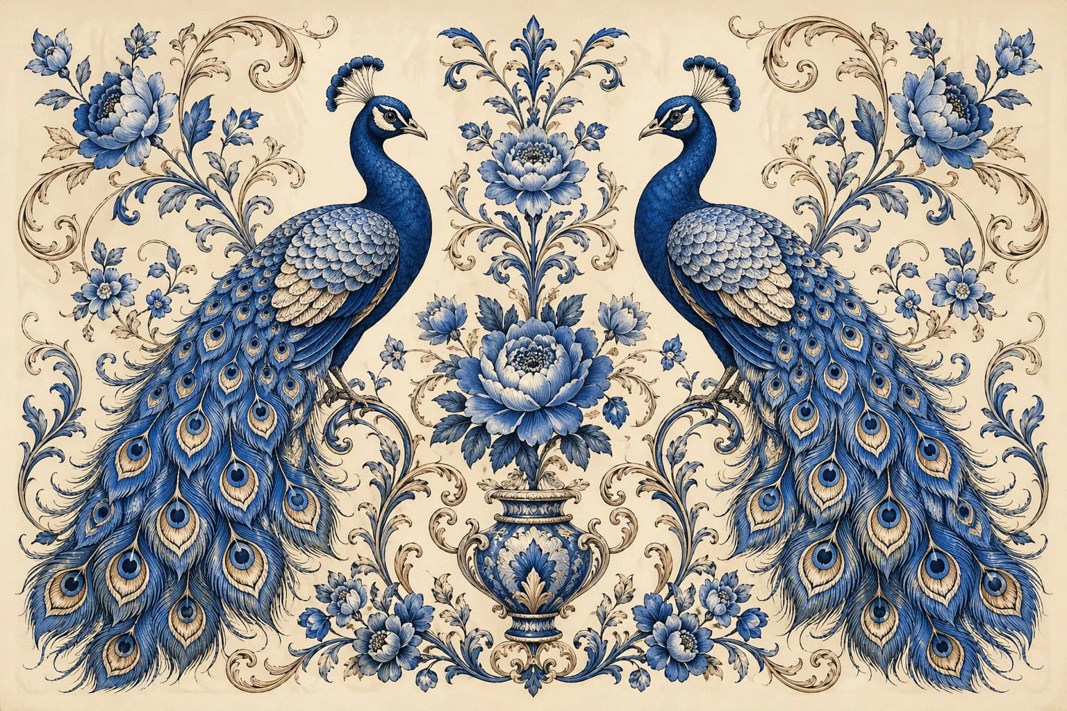 Two elegant blue peacocks with intricate feather patterns are symmetrically framed by blue floral elements on a soft beige background