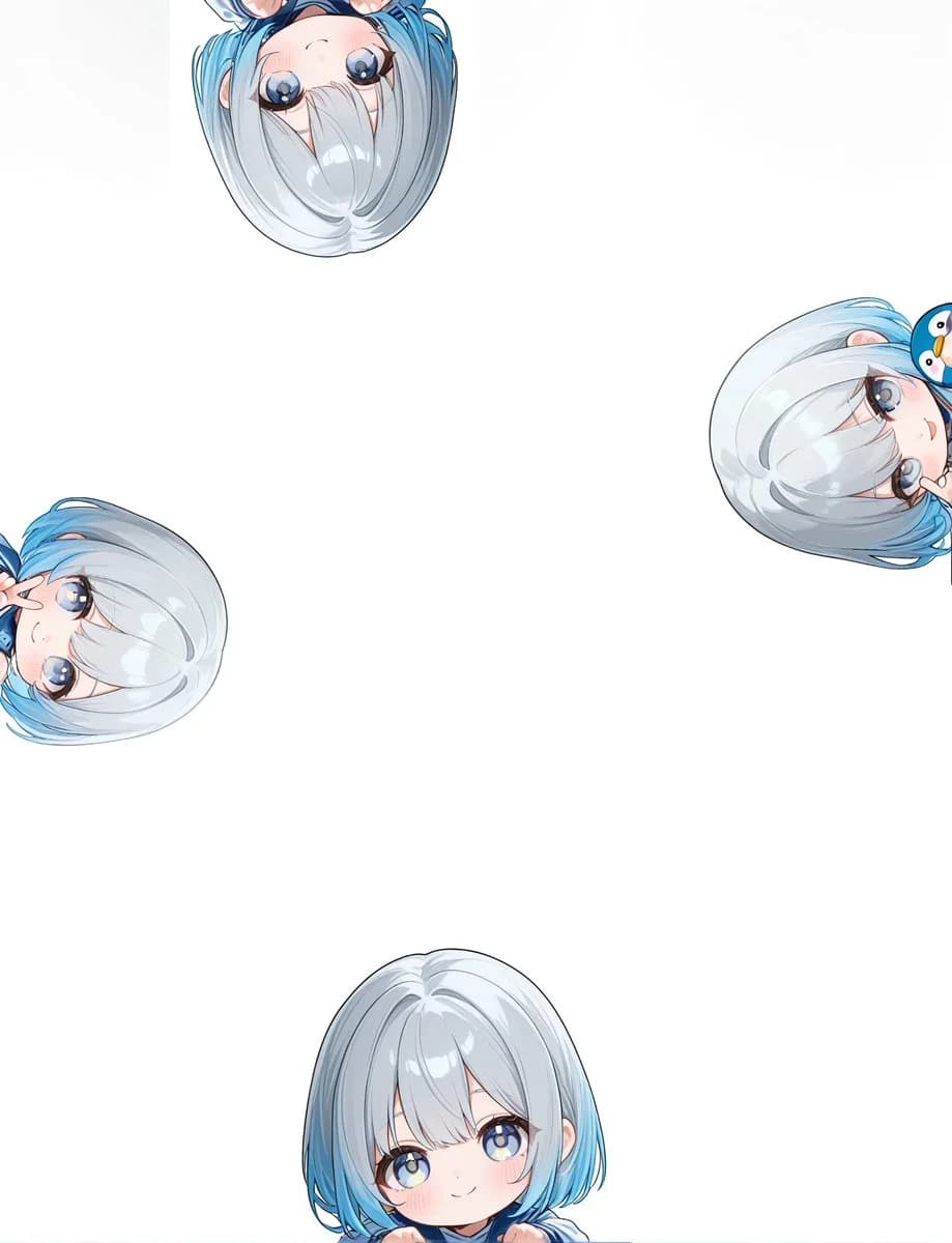 A minimal white-background anime composition with four cropped chibi girl poses peeking in from the canvas edges