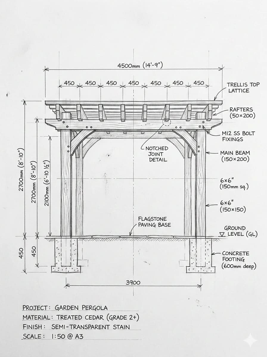 Hand-sketched garden pergola blueprint on white paper with construction notes, dimensions and front elevation lines