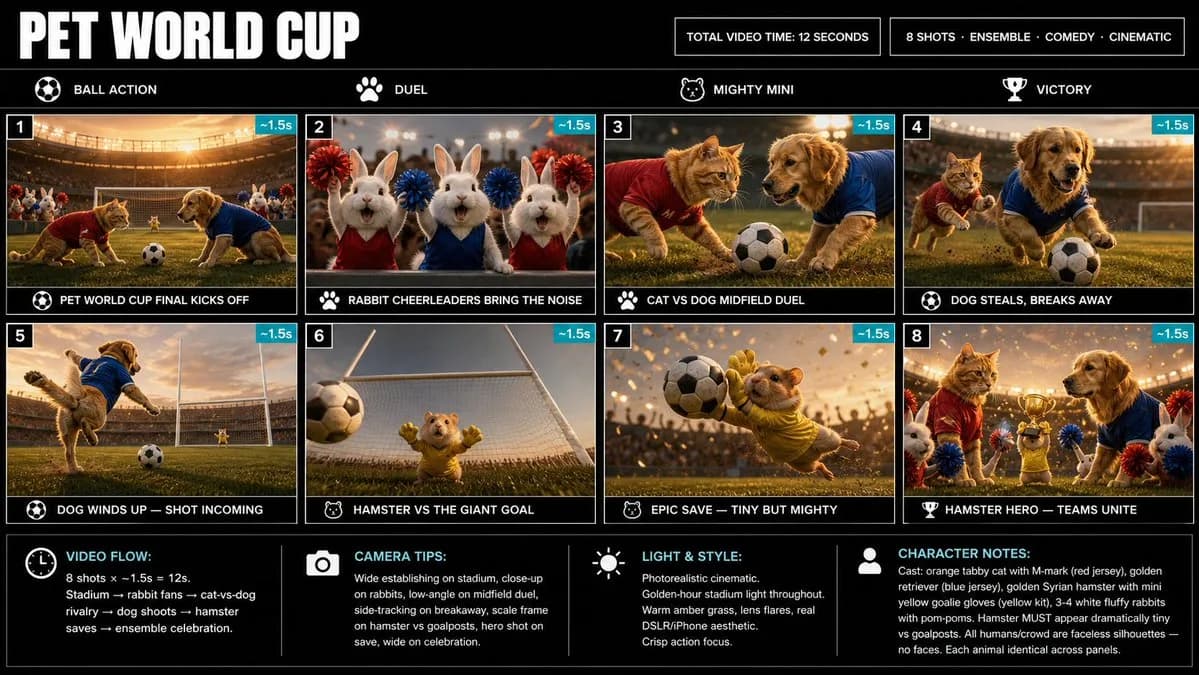 Pet World Cup storyboard sheet shows eight cinematic animal soccer panels with cats, dogs, rabbits and a tiny hamster goalie
