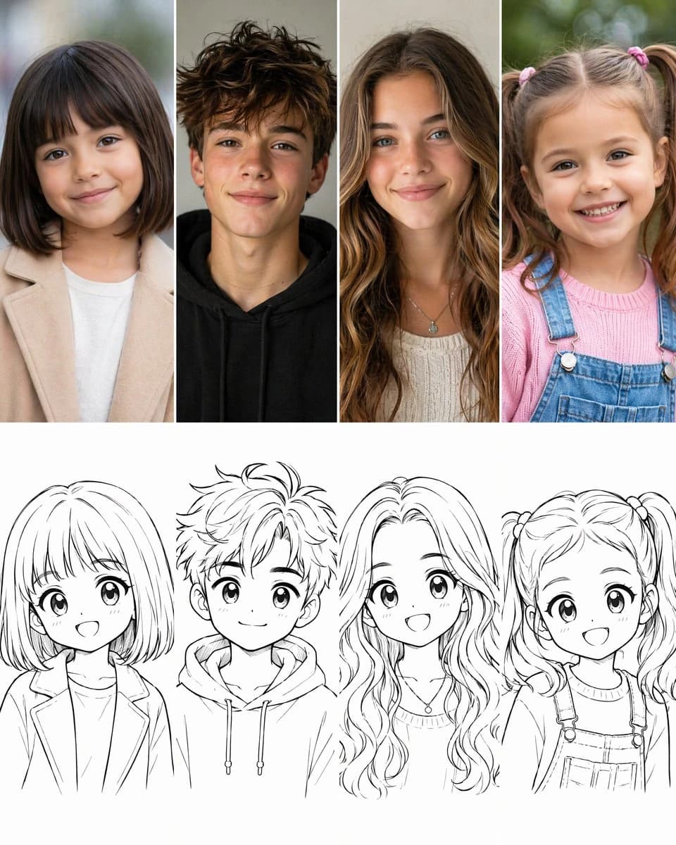 Comparison grid showing realistic child and teen portraits transformed into cute anime sketch drawings on a clean layout.