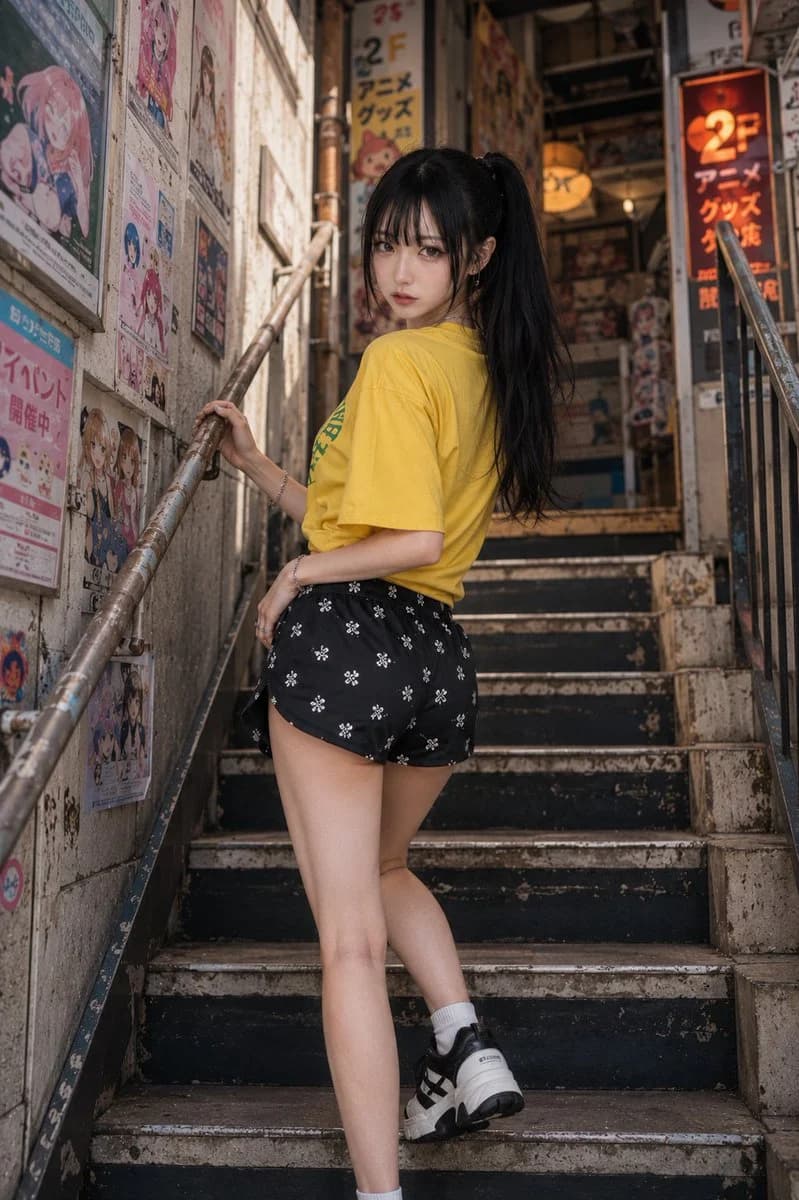 Fashion editorial portrait of a woman posed on modern urban stairs