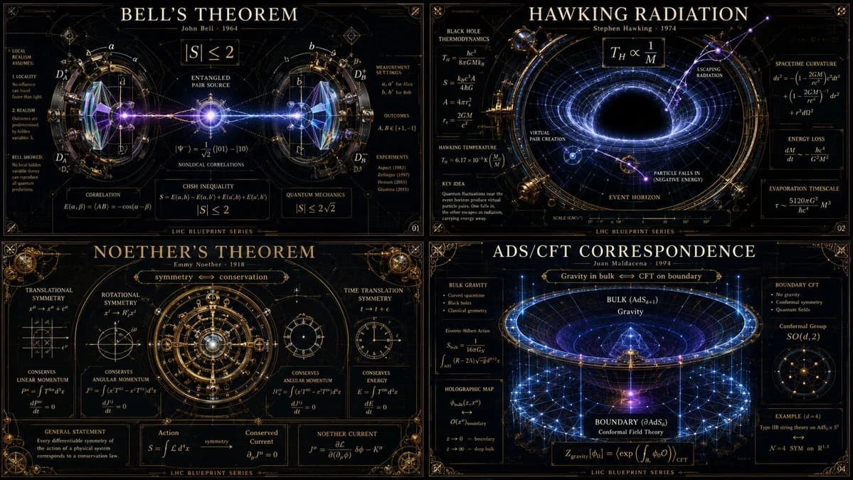 Four advanced physics theorems are illustrated with intricate diagrams and glowing mathematical notations on a dark, textured background