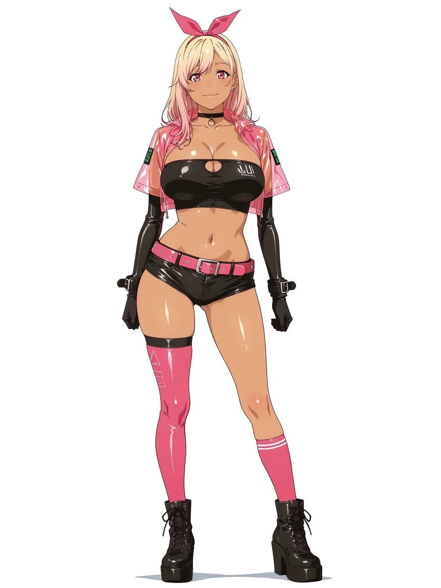 Pink cyberpunk anime survivor girl with futuristic armor, vivid neon accents, and a dramatic dystopian backdrop.