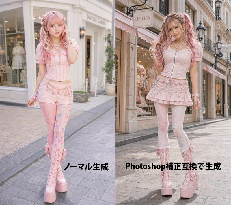 Pink Lolita Color Correction Comparison with side-by-side visual comparison, clear panel structure and readable style contrast