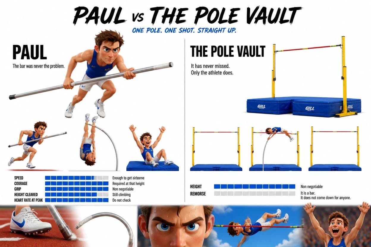 Paul, a Pixar 3D character with an athletic build, is depicted in various pole vaulting poses alongside a clean design of the pole vault setup