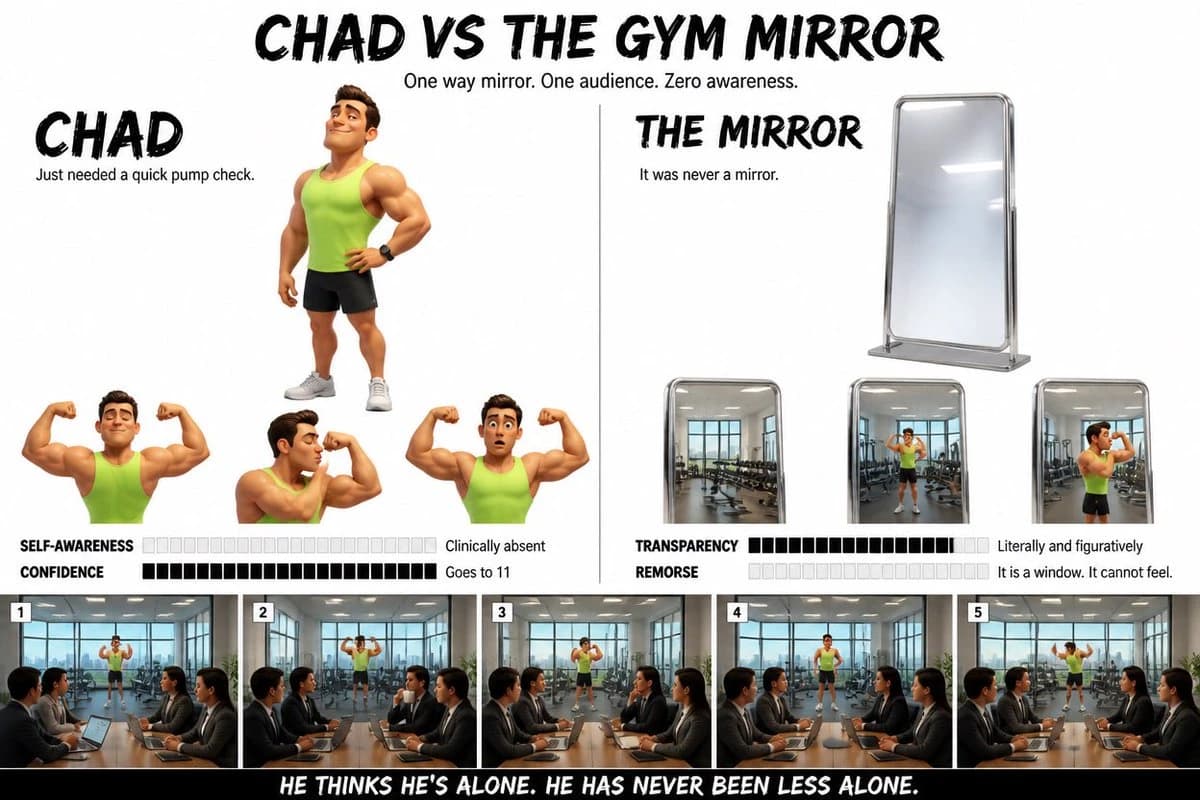 Chad, a Pixar 3D character with an athletic build, flexes confidently beside a mirror, contrasting self-awareness and audience perception