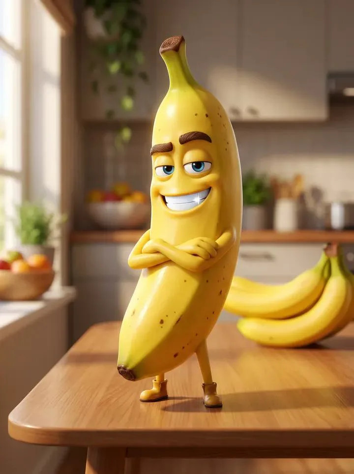 Pixar-style 3D banana character with crossed arms, confident grin and sunlit kitchen background
