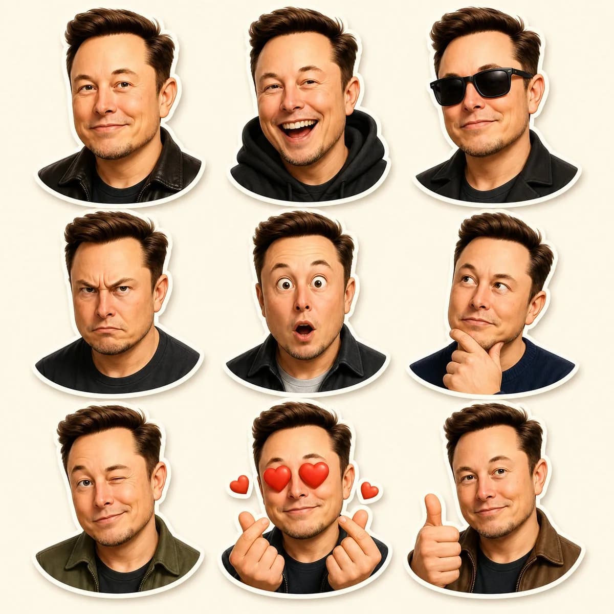 A premium 3×3 Pixar-inspired 3D sticker sheet of one recognizable character with nine distinct expressions and gestures