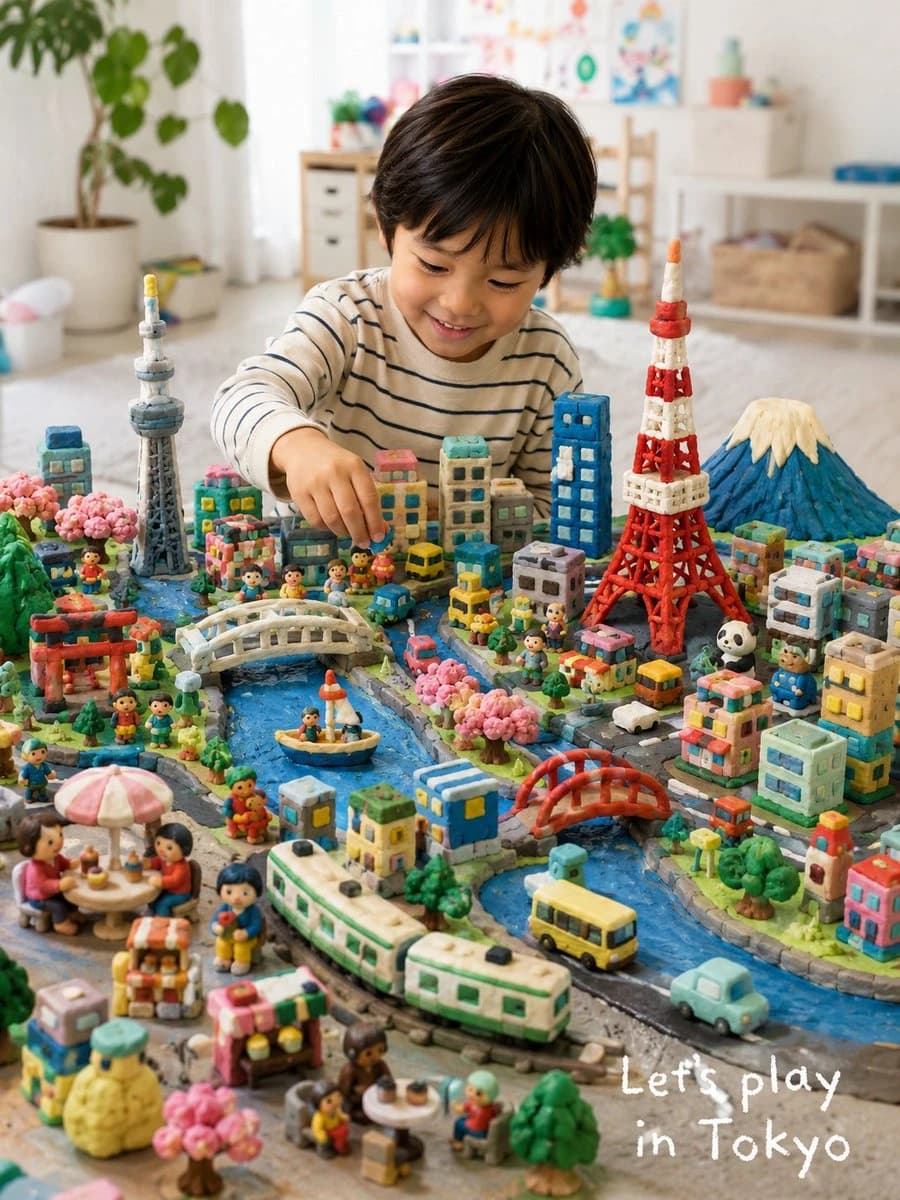 A five-year-old child joyfully arranges a colorful Play-Doh miniature city featuring landmarks, parks, and tiny clay people at a cozy craft table