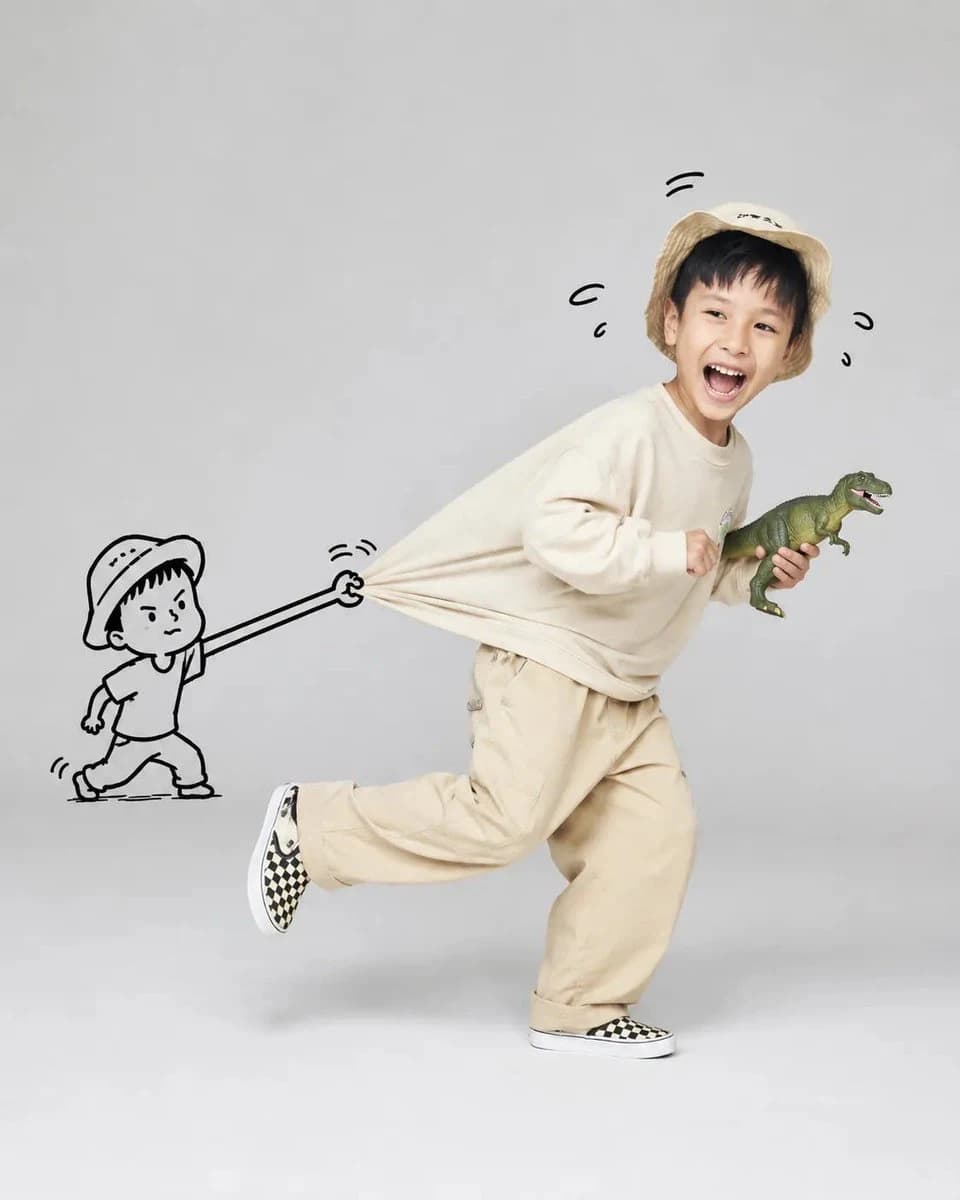 Playful child portrait enhanced with hand-drawn doodles, cheerful accents, and a light social-media scrapbook feel.
