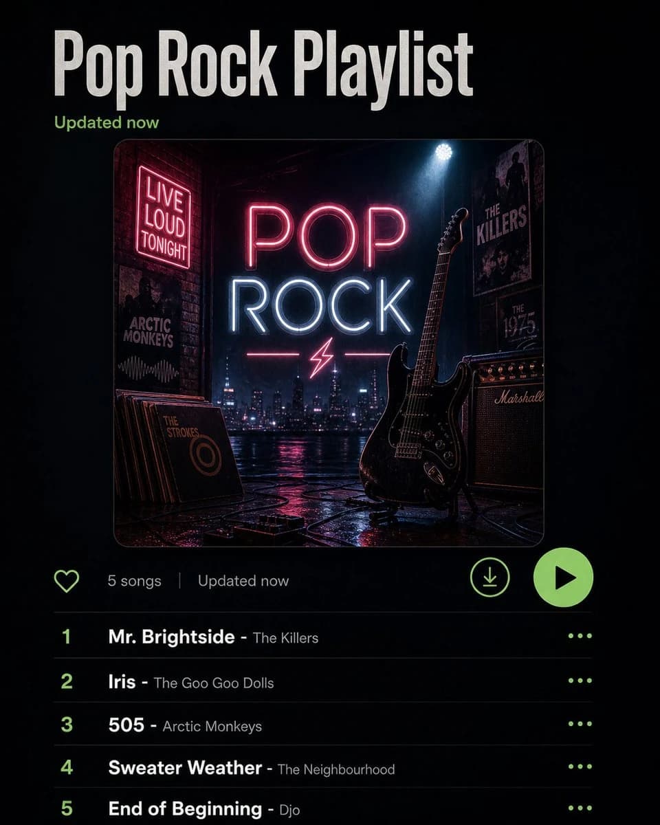 A neon-lit album cover for a Pop Rock playlist features an electric guitar and vibrant colors.