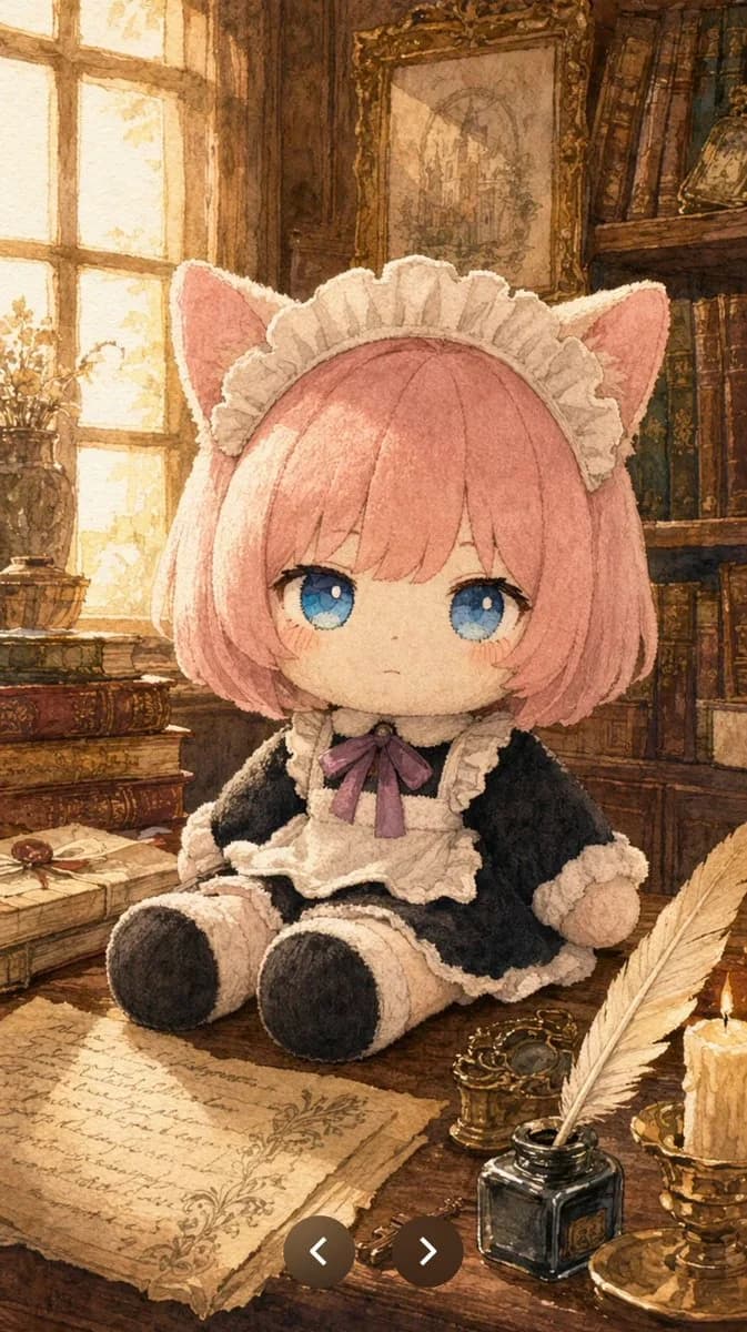 Watercolor storybook scene of a pink-haired cat maid plush doll in a sunlit antique library