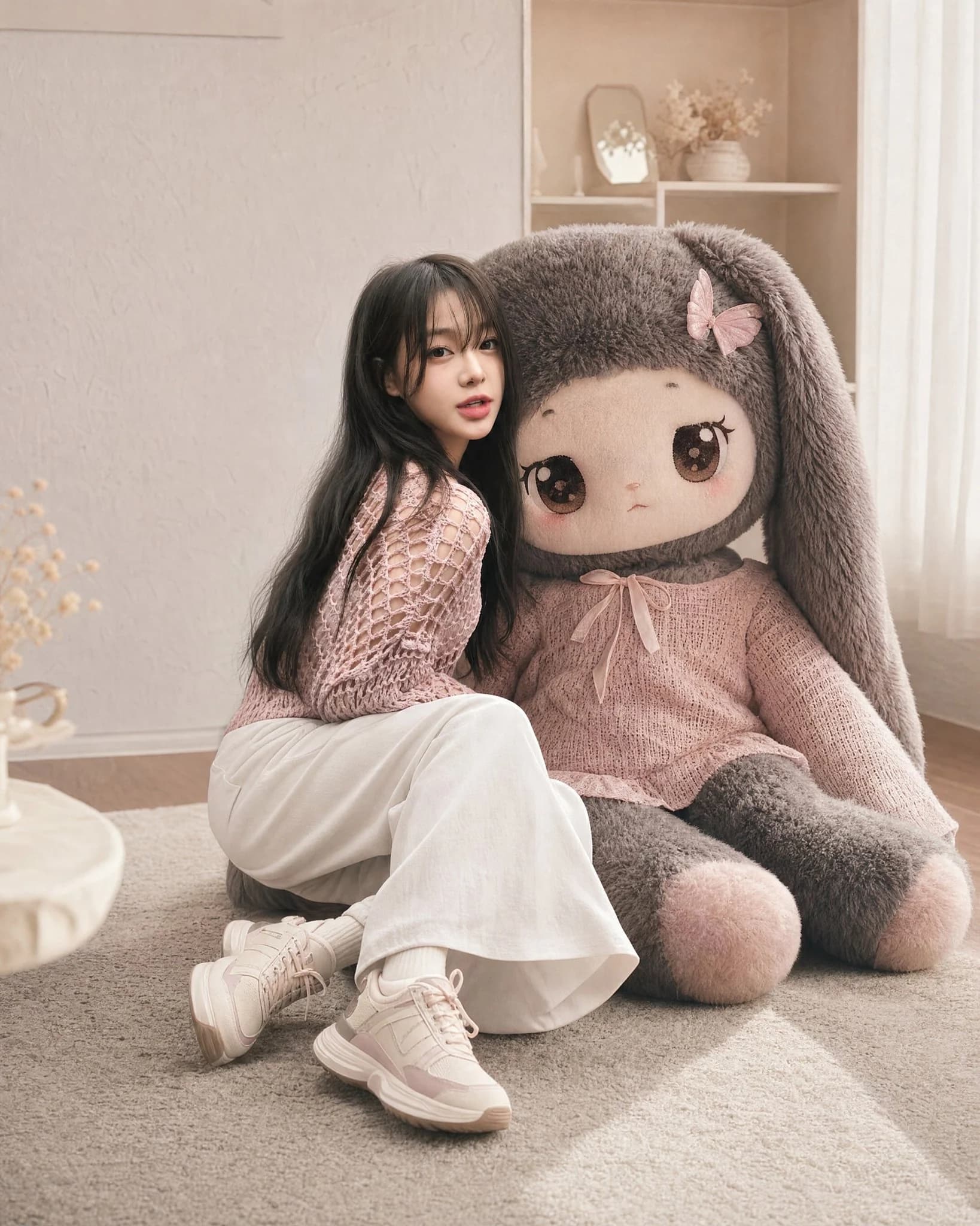 GPT Image 2 prompt example showing a young woman seated beside an oversized plush mascot in a cozy room