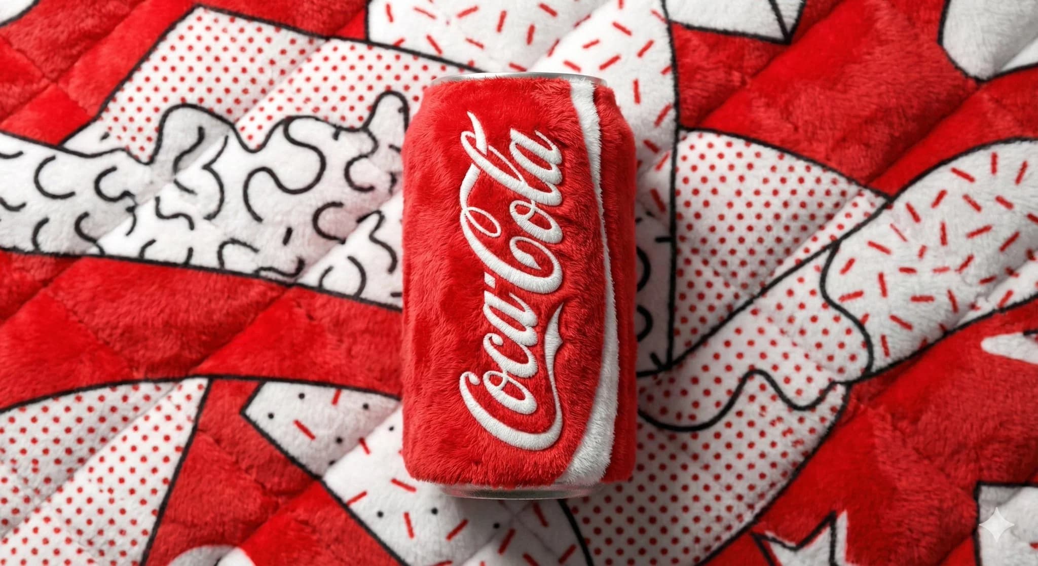 GPT Image 2 prompt example showing a plush Coca-Cola soda can product shot on a red quilted background